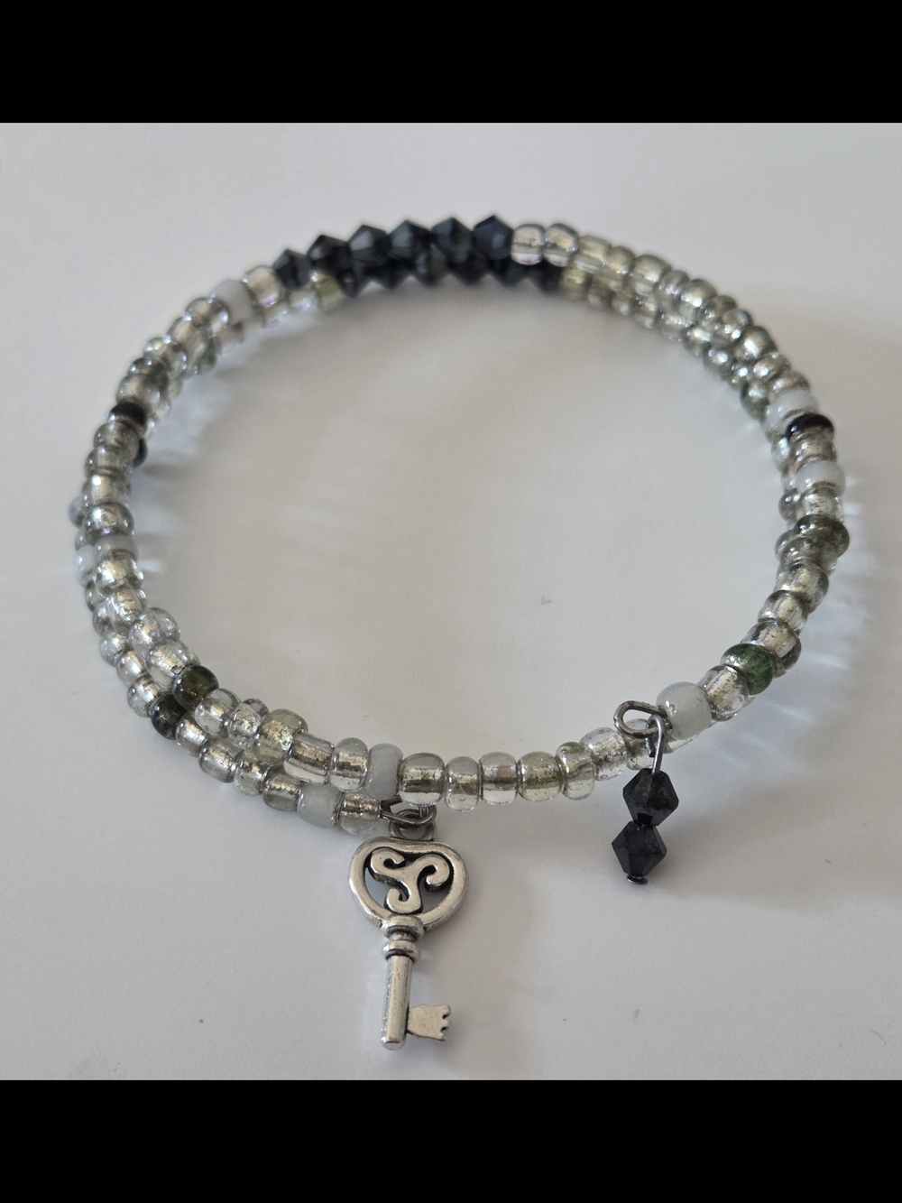 Handmade 7 Inch Silver and Black Beaded Key Charm Wrap Wrist Bracelet for Women